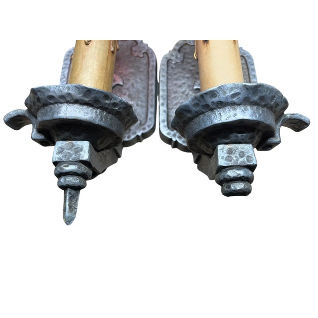 1910s Bare Bulb 4 + 1 Hammered Wall Sconces Storybook or Spanish Revival Mission Style #2598 For Sale - Image 9 of 14