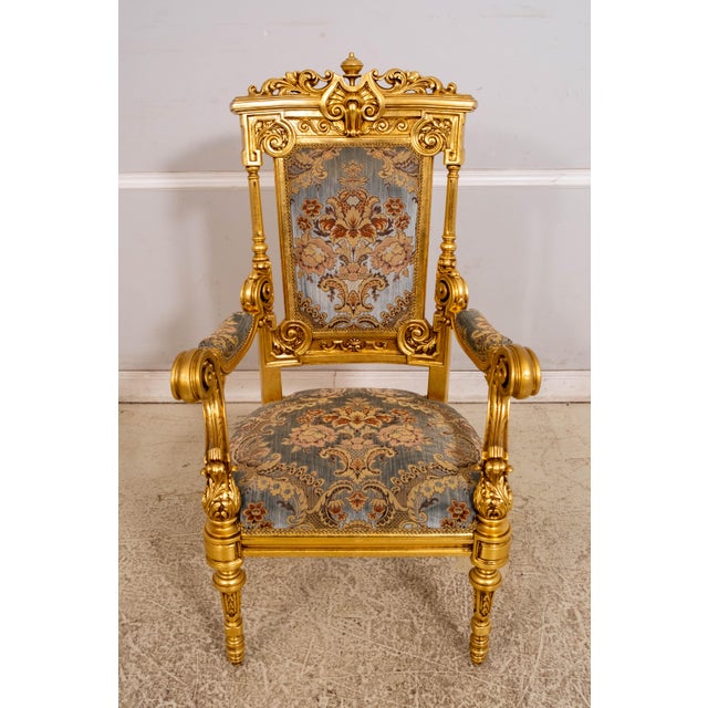Set of 14 French Louis XIV Style Gold Gilt Carved Throne Dining Chairs For Sale - Image 12 of 18