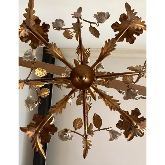 Vintage Italian Style Gilt Tole Chandelier With Porcelain Roses For Sale - Image 10 of 12