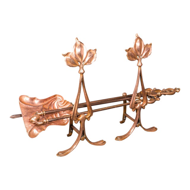 Antique Fireside Companion Set, French Bronze Fire Tools, Art Nouveau, Victorian For Sale