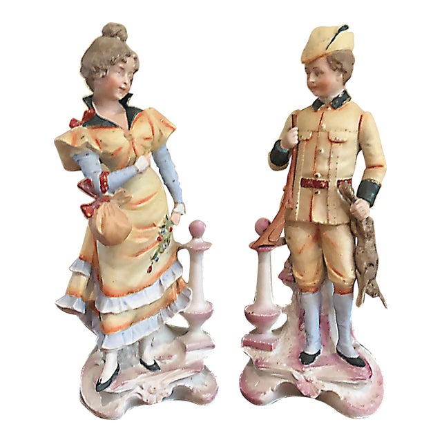 Antique Bisque Porcelain Figurine Pair - Victorian Hunter Boy & Lady For Sale