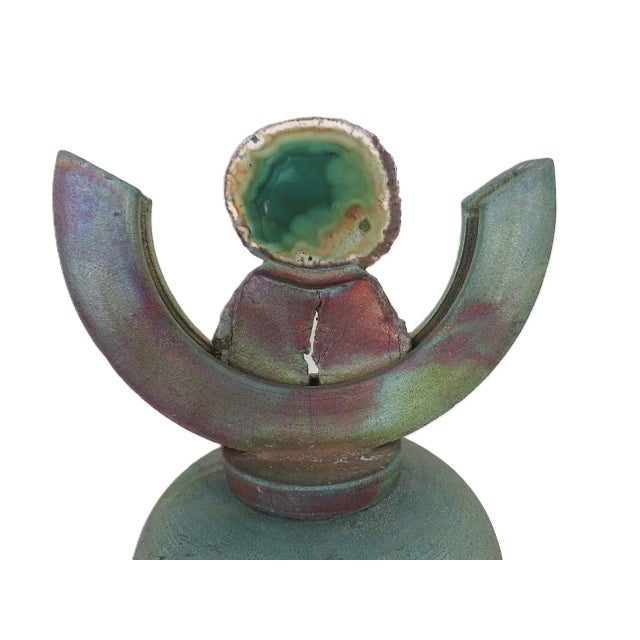 Mid-Century Modern Green Brutalist Raku Pottery Vase Urn With Geode Lid Signed 17 1/2" For Sale - Image 3 of 7