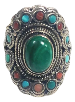 Late 20th Century Silver and Malachite Gemstone Ring Size 9.5