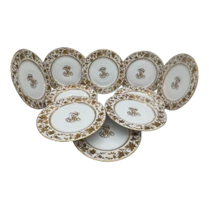(10) Ten Fischer & Mieg Pirkenhammer Gilt Vine Encrusted Porcelain Dinner Plates
