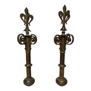 Pair of 19th C, French Brass Fleur-De-Lis Gate Post Finials on Lucite Bases For Sale