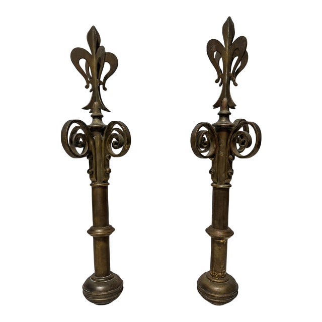 Pair of 19th C, French Brass Fleur-De-Lis Gate Post Finials on Lucite Bases For Sale