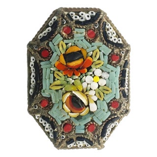 1940s Italian Micro Mosaic Inlay Jade Brass Brooch For Sale