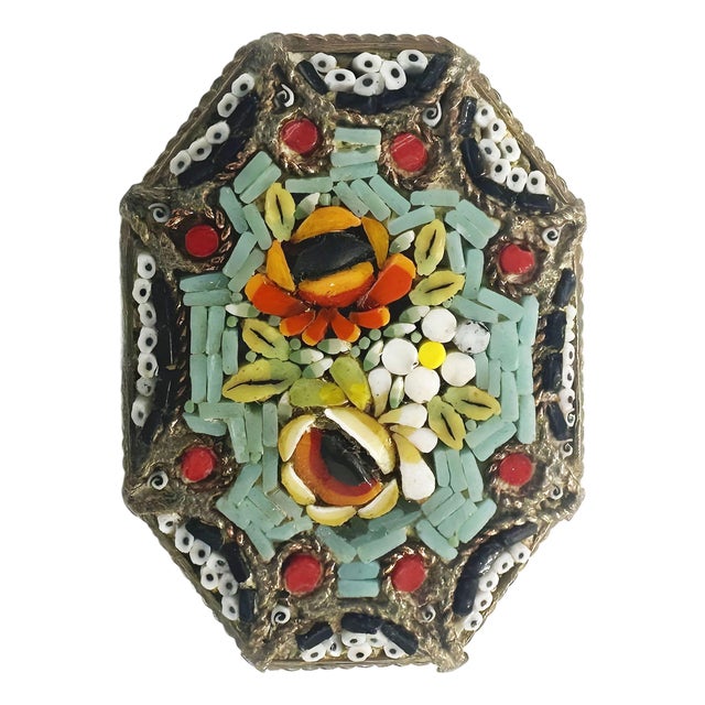 1940s Italian Micro Mosaic Inlay Jade Brass Brooch For Sale