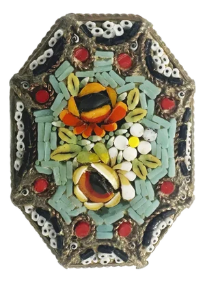 1940s Italian Micro Mosaic Inlay Jade Brass Brooch