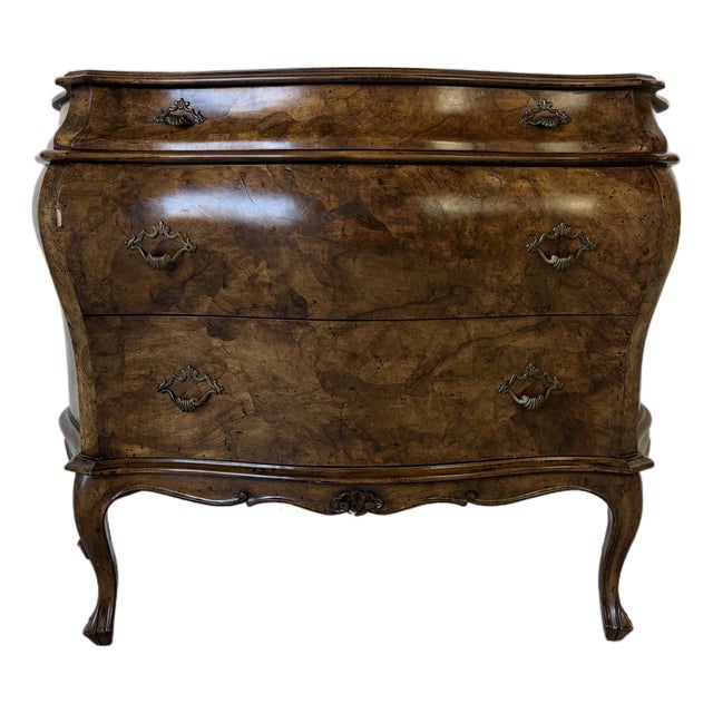 Italian Louis XV Style Bombe Burlwood Chest With Cabriole Legs For Sale