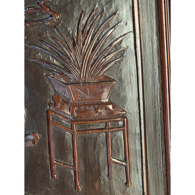 Bronze Antique 19th-Century Qing Dynasty Carved Hardwood/Elmwood "Scholar's Objects" Architectural Panel For Sale - Image 8 of 16