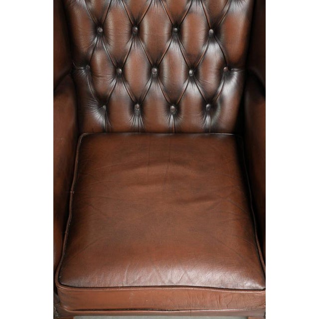 English Brown Cowhide Chesterfield Wing Lounge Chair For Sale - Image 6 of 13