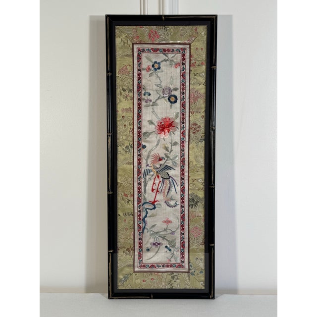 The central panel of the Asian Chinoiserie style are is a fine silk embroidery utilizing detailed needlework to depict...