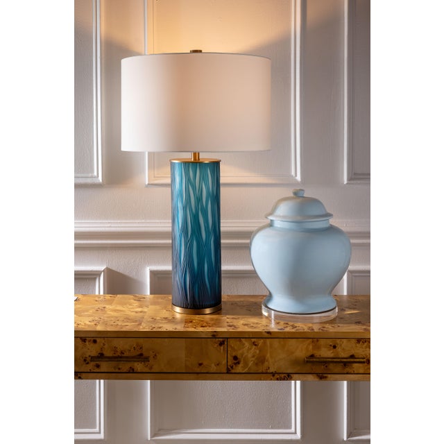 Name: Olympus Blue Lamp Size: 31"H x 18"dia Olympus is our hand cut frosted glass transitional lamp which is available in...