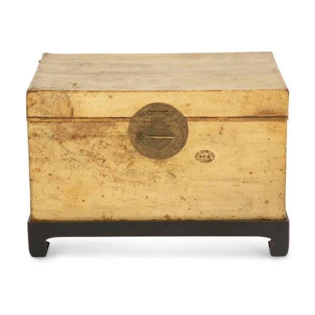 Chinese Parchment Leather Trunk on Stand Brass Mounts and Handles For Sale In Tampa - Image 6 of 6