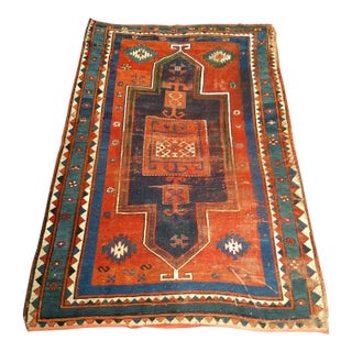 Antique Fachralo Kazak Prayer Rug, Handwoven Wool, Persimmon & Green, 4' X 6' For Sale