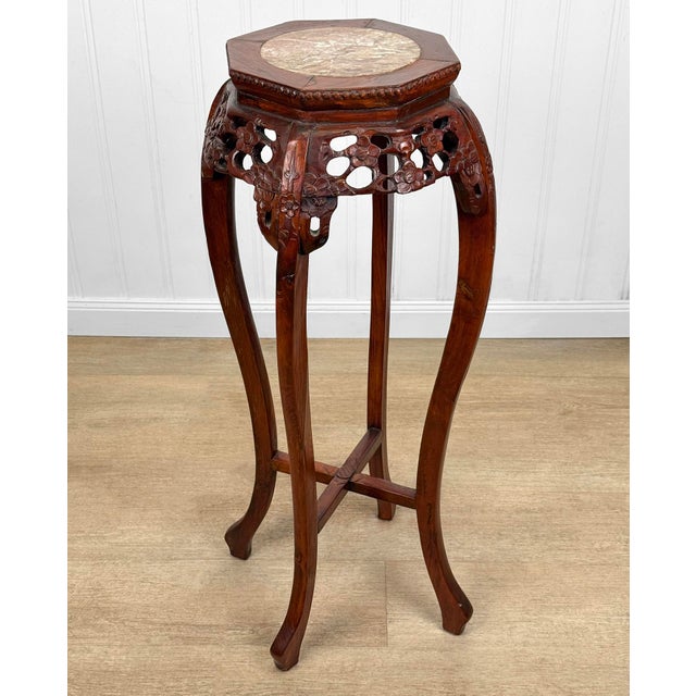 Chinoiserie Vintage Chinese Rosewood Marble Top Carved Plant Stand Table For Sale - Image 3 of 12