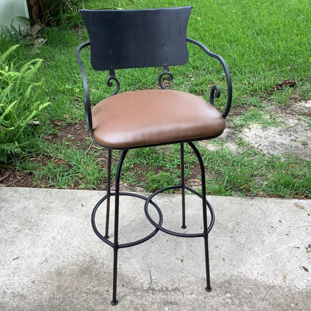 Arhaus Wrought Iron and Brown Bar Stools - Set of 4 For Sale - Image 6 of 11