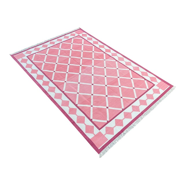 Handmade Cotton Natural Vegetable Dyed Reversible Pink and White Checked Tile Rug - 10'x14' For Sale