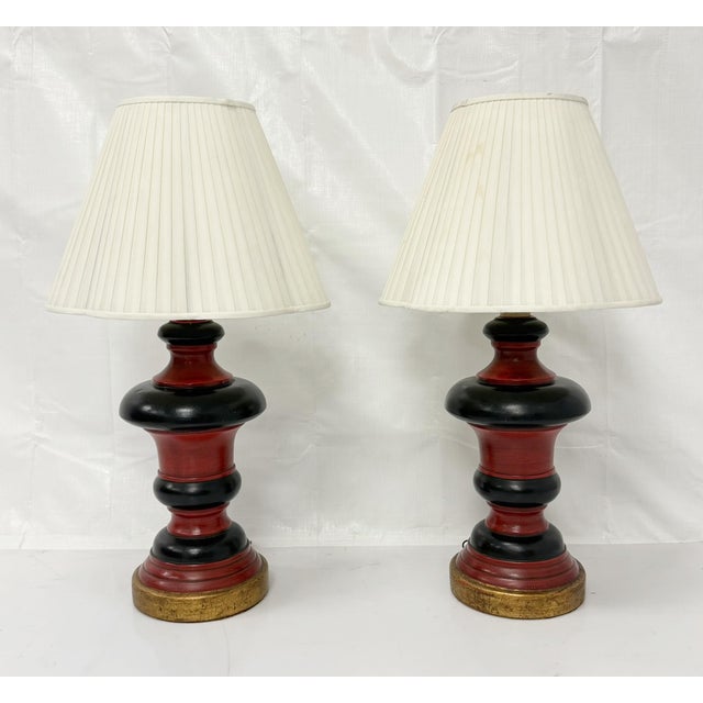 Mid-Century Modern 1960s Red Black & Gilt Ceramic Table Lamps, American Modern - a Pair For Sale - Image 3 of 18