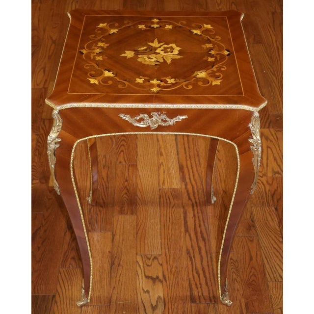1990s Pair of French Louis XV Style Mixed Wood Inlaid Ormolu End Tables For Sale - Image 12 of 12