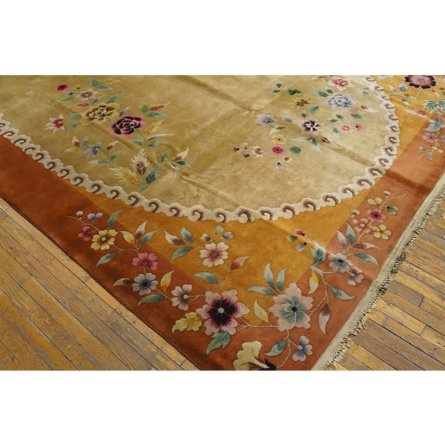 1920s Tan Camel Floral Modern Antique Art Deco Chinese Rug 8'10" X 11'8" Handknotted Wool Carpet For Sale - Image 4 of 4