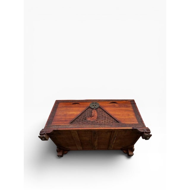 Vintage Hand-Carved Camphor Wood Trunk Chest With Greek Key Motif & Brass Hardware For Sale - Image 9 of 14