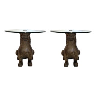 Mid-Century Modern Vintage Carved Wood Food Dog End Tables Pair For Sale