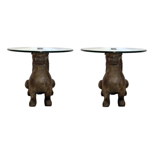 Mid-Century Modern Vintage Carved Wood Food Dog End Tables Pair For Sale