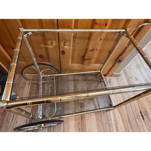 Mid Century Modern French Brass Faux Bamboo 2-Tier Bar Drink Cart Glass Shelves For Sale - Image 11 of 11