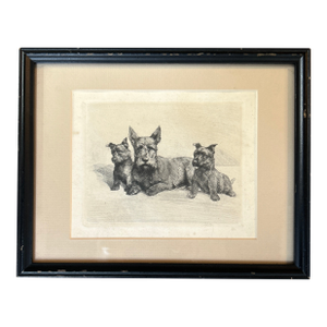 1940’s Original Rustic Scottish Terrier Family Etching