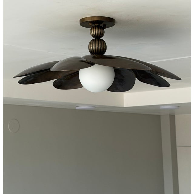 Black Antique Brass Semi Flush Mount Light Fixture, Handmade Flower Ceiling Light For Sale - Image 11 of 18