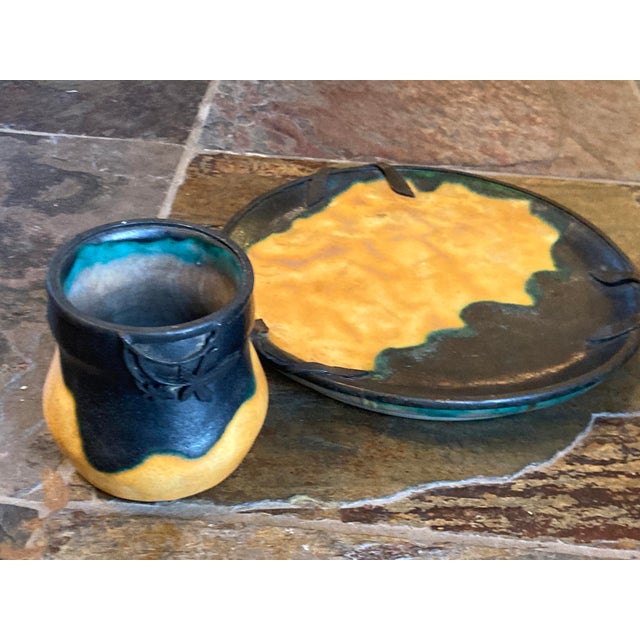 Exquisite 2 piece set of Louis Dage distinctive "egg yolk glaze" pieces from the 1920's with metal work by Eugene Val....