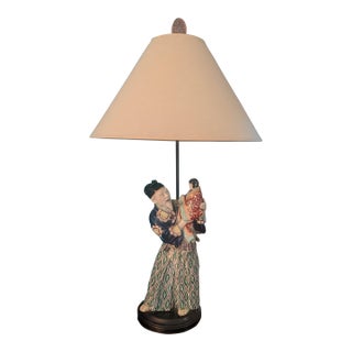 1940s Lamp With Japanese Ceramic Figurine Mounted on a Turned Wooden Base For Sale