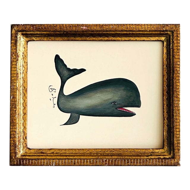 Original Hand-Painted Whimsical Baby Whale Painting in a Vintage Italian Gold Frame For Sale