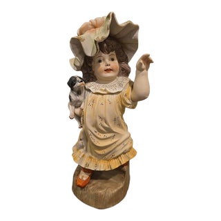 Antique German Gebruder Heubach Bisque Piano Girl Dog Statue 1880 18" For Sale
