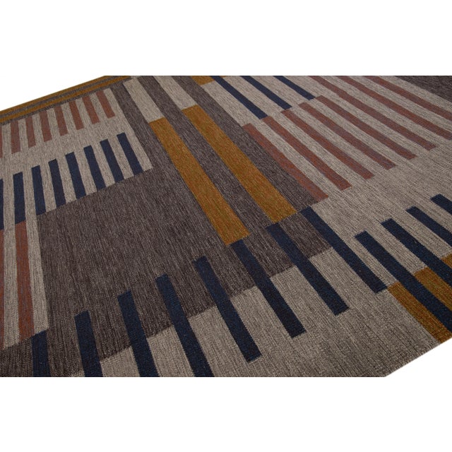 2020s Modern Kilim Flatweave Wool Rug With Art Deco Design in Earthy Tones For Sale In New York - Image 6 of 7