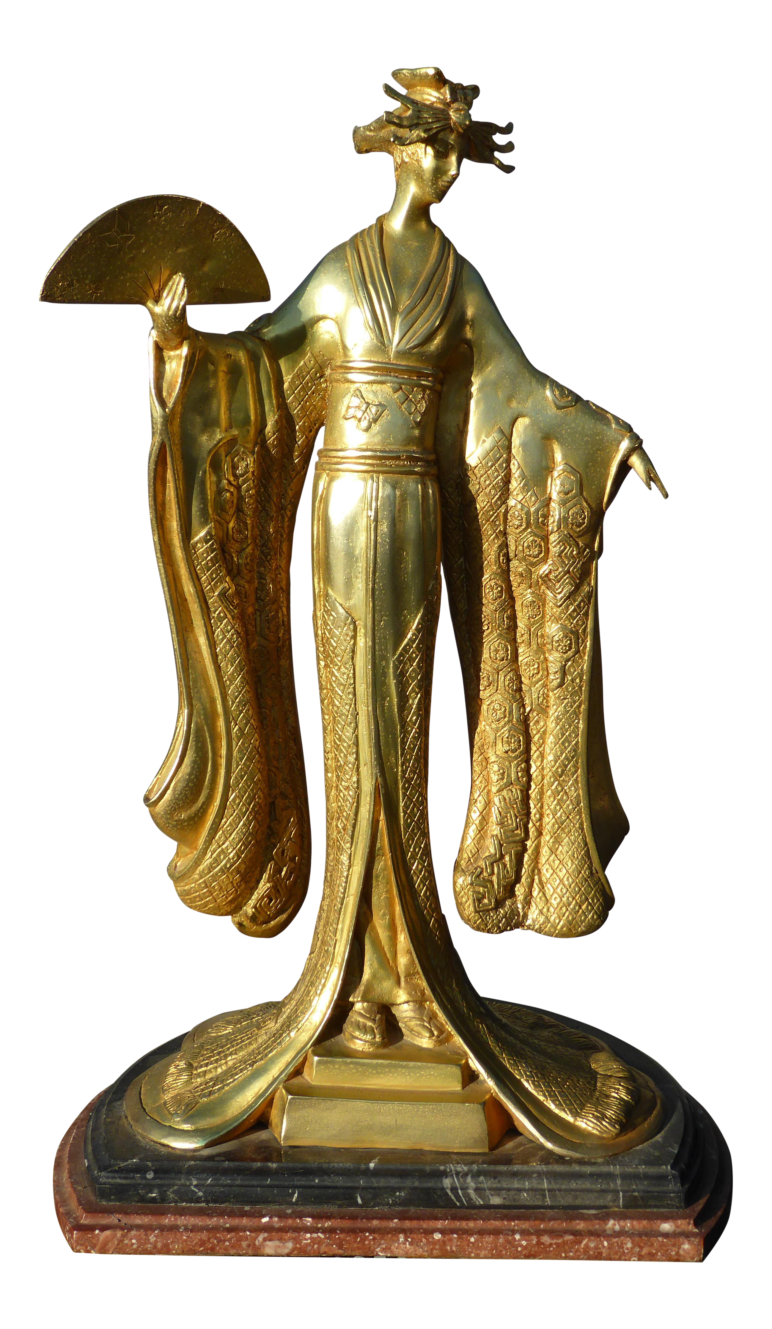 Vintage Art Deco Brass Oriental Asian Geisha Holding Fan Statue Double Marble Base - image 0