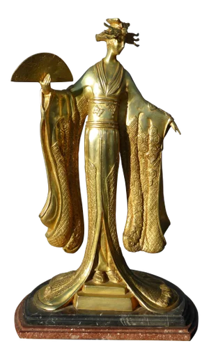 Vintage Art Deco Brass Oriental Asian Geisha Holding Fan Statue Double Marble Base