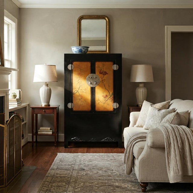 Chinese Black Orange Yellow Graphic Armoire Wardrobe Cabinet For Sale - Image 9 of 11