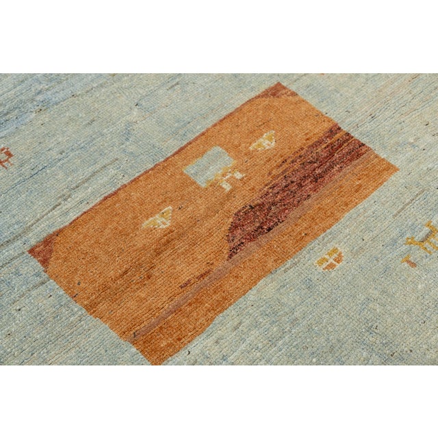 Textile 4x6 Modern Hand-Knotted Gabbeh Wool Rug – Vibrant Blue & Sunset Orange Tribal For Sale - Image 7 of 8