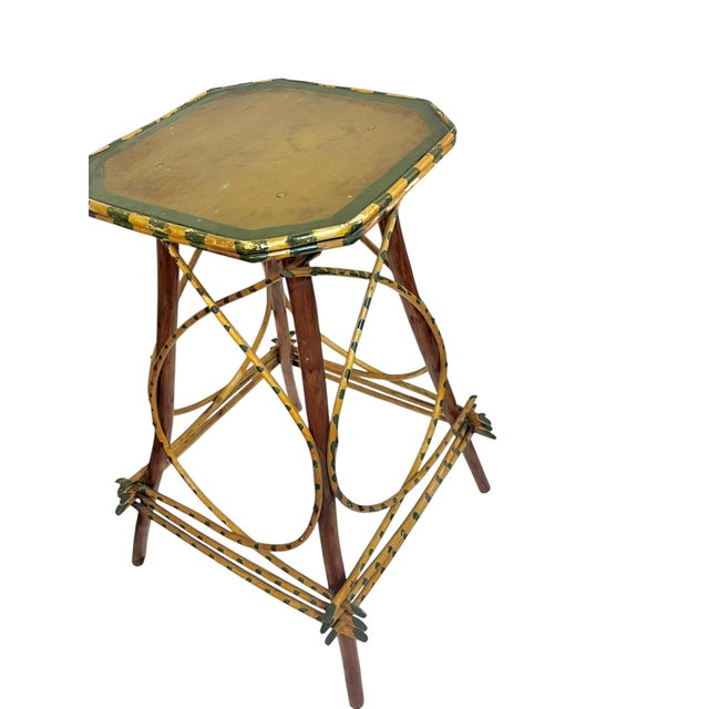 Rustic Adirondack Twig Side Table With Hand-Painted Green Accents – Folk Art Cabin Style For Sale - Image 15 of 17