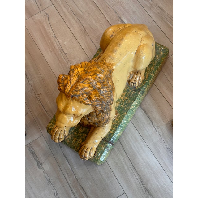 Yellow Pair of 19th Century French Faience Glazed Ceramic Recumbent Lions For Sale - Image 8 of 9