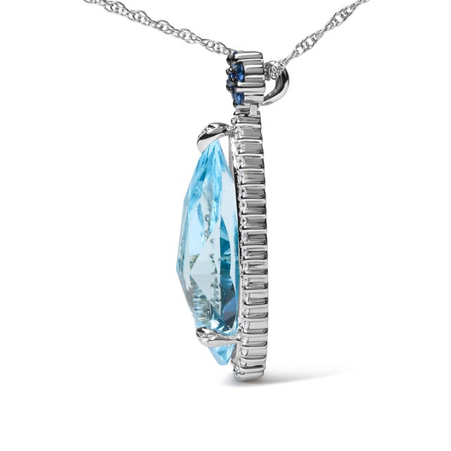 Contemporary 18K White Gold 3/8 Cttw Pave Set Diamond and Sky Blue Topaz and Blue Sapphire Gemstone Floral Teardrop Halo 18" Pendant Necklace For Sale - Image 3 of 5