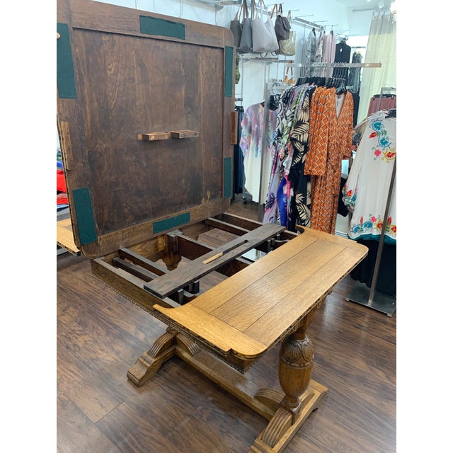 Brown 1910s English Antique Oak Art Deco Draw Leaf Pub Table For Sale - Image 8 of 11