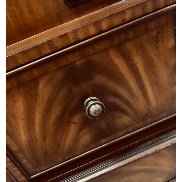 Rare Maitland-Smith Regency Style Pivoting Mahogany Bookcase and Flat Screen Tv Stand With Fretwork Gallery Rail and Drawer Pulls in Brass For Sale - Image 10 of 12