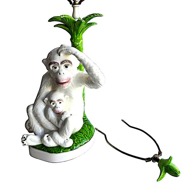 1970s Vintage Italian Majolica Monkeys With Palm Tree Table Lamp For Sale - Image 5 of 16