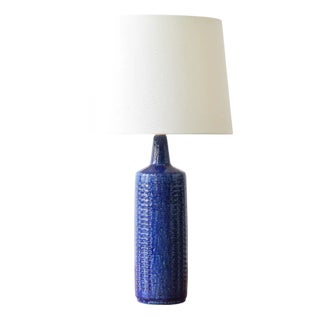Danish Table Lamp with Cobalt Blue Glaze and Lampshade from Palshus, 1960s For Sale