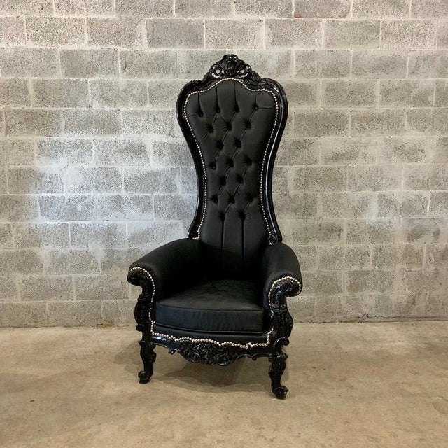 Black Leather Baroque Style Tufted Throne Chairs A Pair Chairish