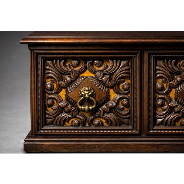 Spanish Revival Mid 20th Century Pair of Spanish Revival Carved Walnut Nightstands With Velvet Backed Doors and Brass Ring Pulls For Sale - Image 3 of 9